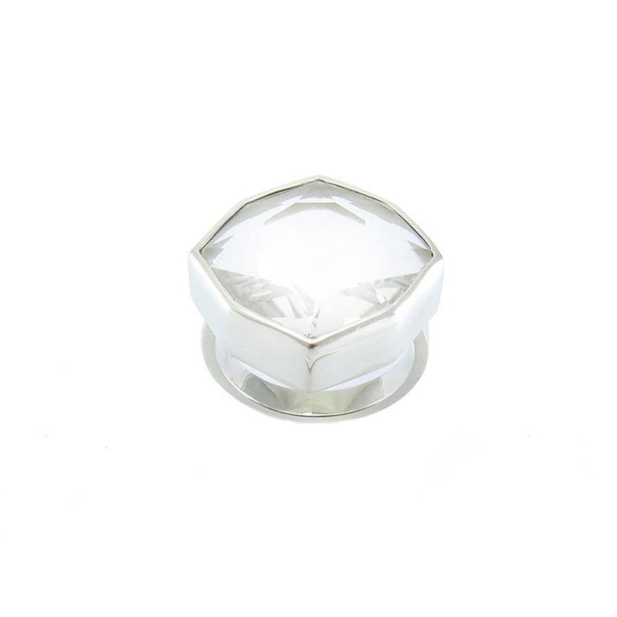 a silver ring with octagon shape crystal on white background
