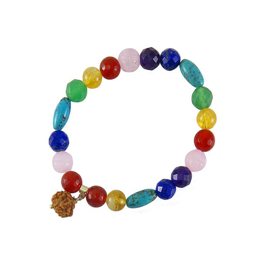elastic bracelet with Mixed Stones with Rudraksha centerpiece on white background