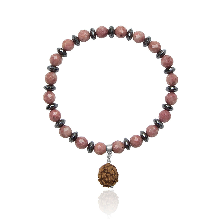 6 x 3 mm hematite and 6 mm rhodonite beads with rudraksha set in silver 925 centerpiece elastic bracelet on white background