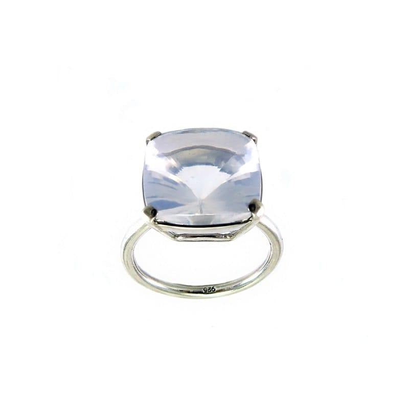 Silver ring with milky crystal stone downward on white background