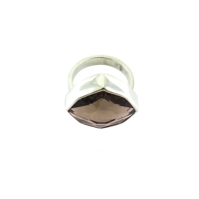 Faceted Smokey Quartz set in silver 925 of a silver ring down side on white background