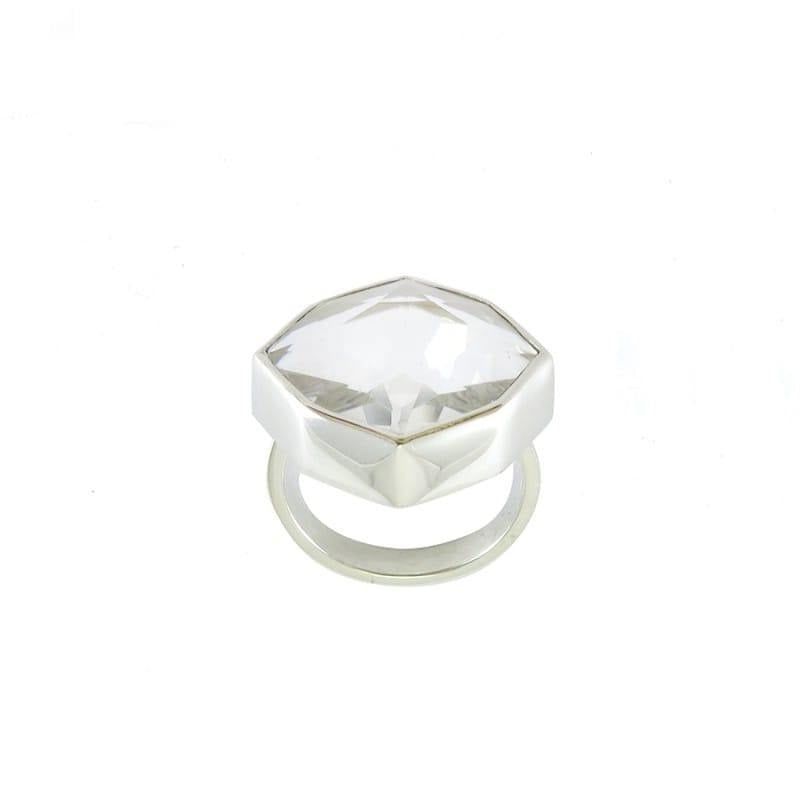 a silver ring with octagon shape crystal downward on white background 