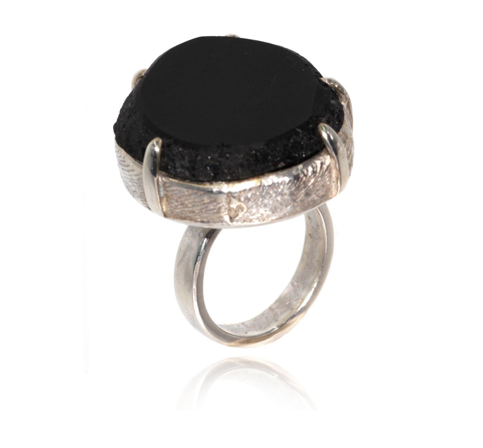 silver ring with black tourmaline side view in white background