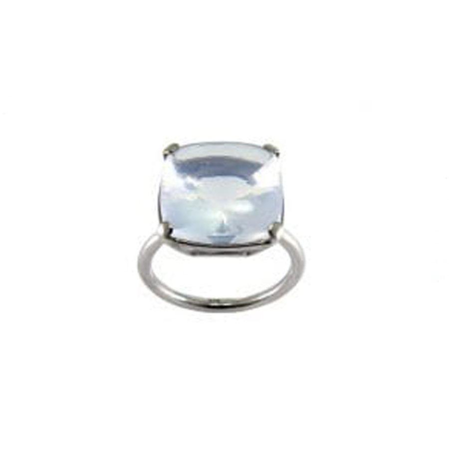 Silver ring with milky crystal stone on white background