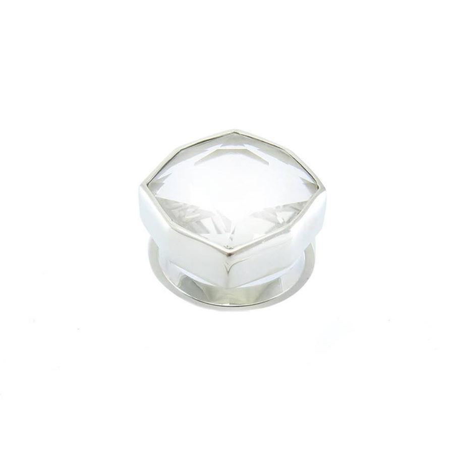 a silver ring with octagon shape crystal on white background 