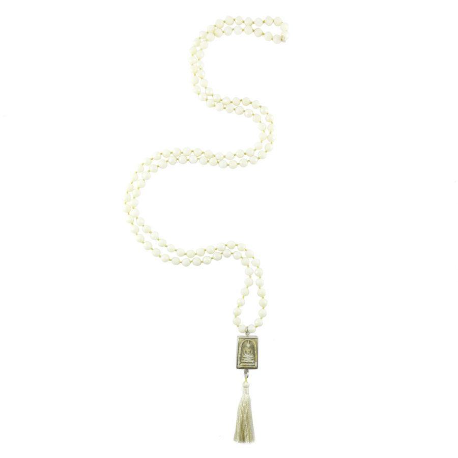 sea bamboo faceted beads Bringing Inner Peace Mala Necklace with buddha carved terracotta on white background