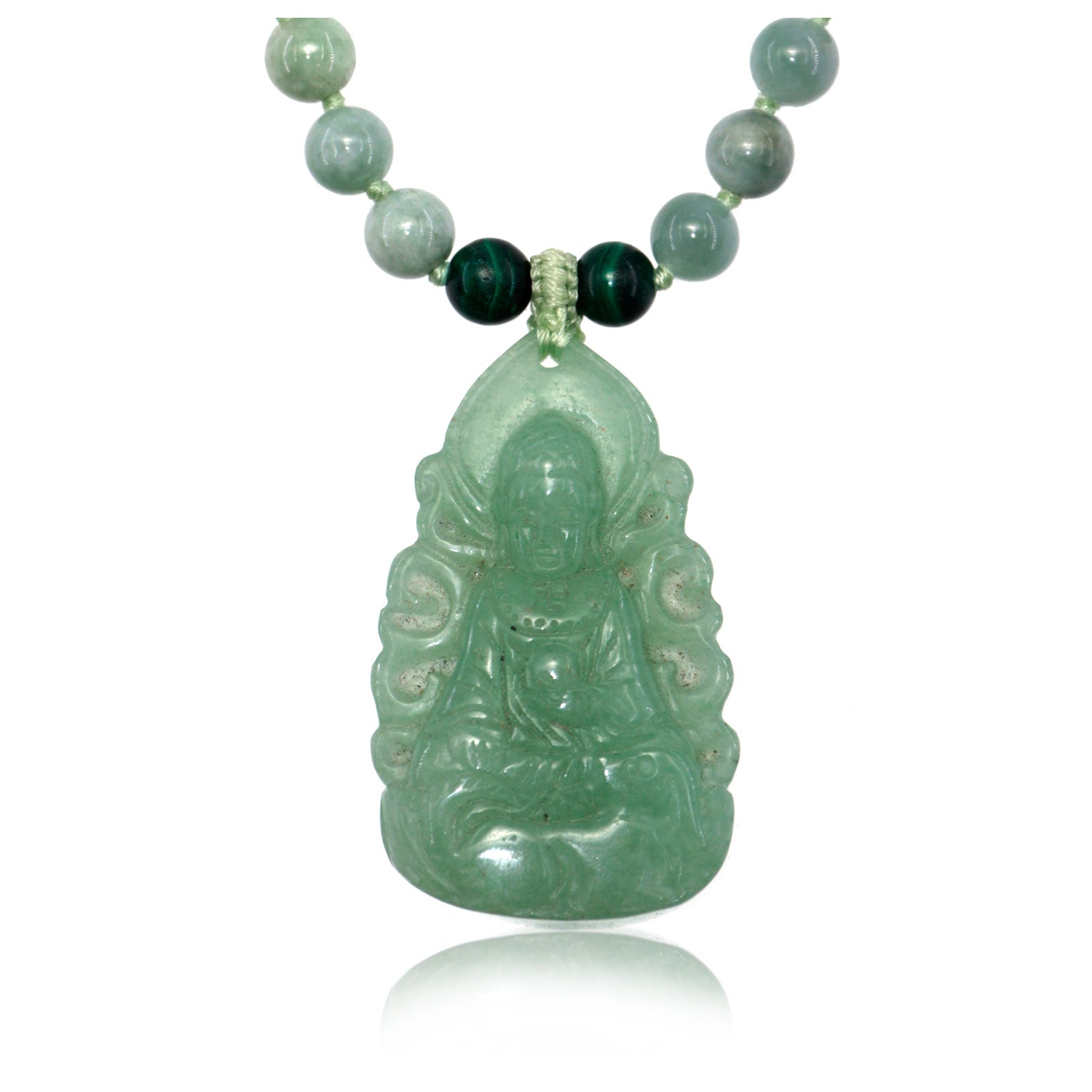 kwan yin carved jade of a pendant necklace on white background