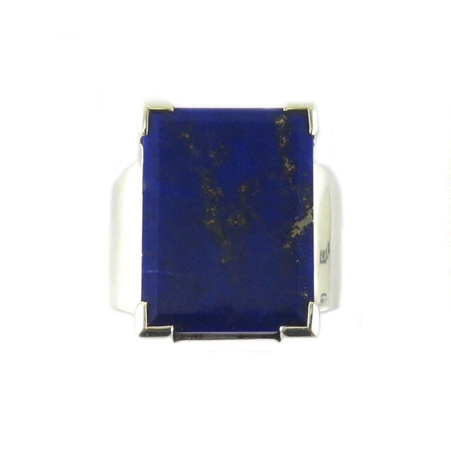 rectangular lapis lazuli stone of a silver ring on white background