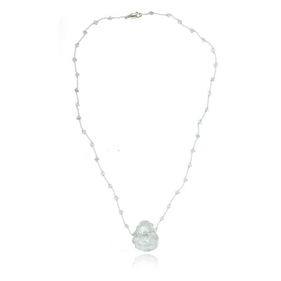 short Aquamarine Pendant Necklace with a raw Aquamarine centerpiece on white background