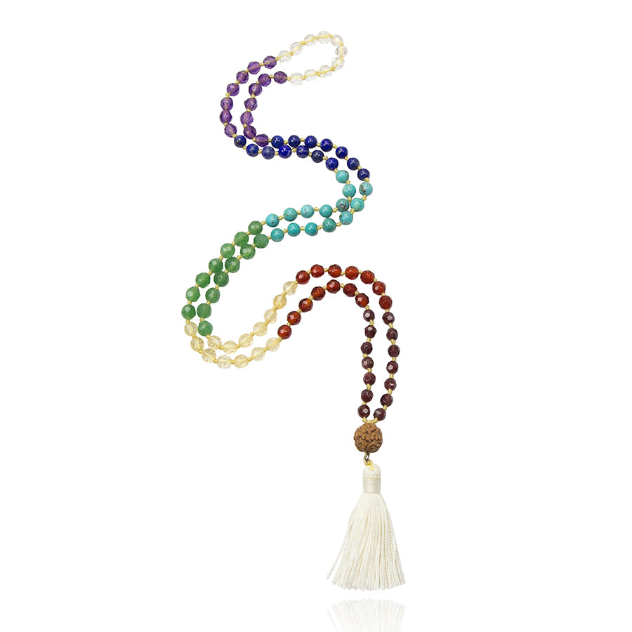 Seven Chakra Short Mala Baby Necklace with seven stones on white background