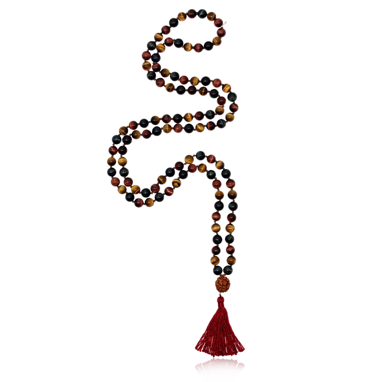 mala necklace with 108 beads of tigers eye beads with rudraksha and red tassel on white background