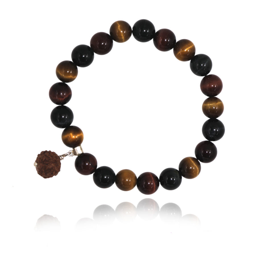 elastic bracelet with tiger's eye beads and rudraksha seed centerpiece on white background