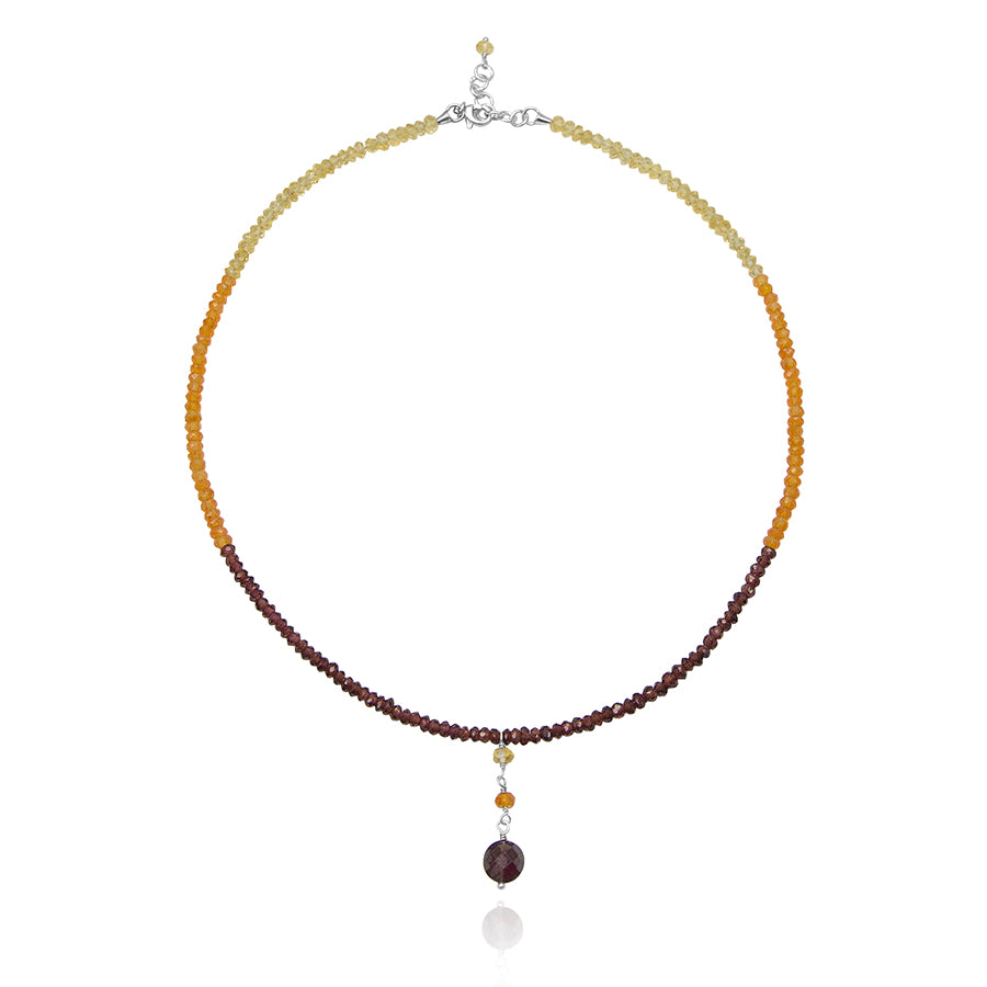 Short Pendant Necklace with Garnet and Citrine and Carnelian with Silver 925 chain for extension on white background