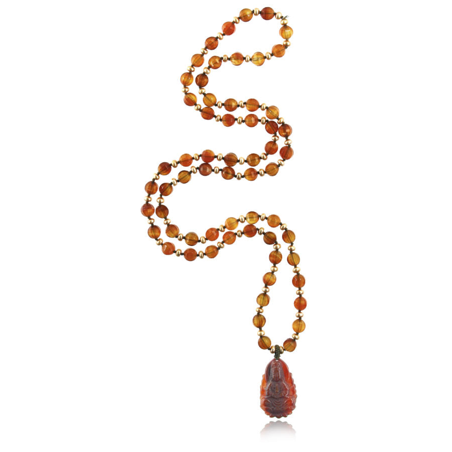 Carnelian Divine Feminine Mala Necklace with carved Kwan Yin pendant on white background