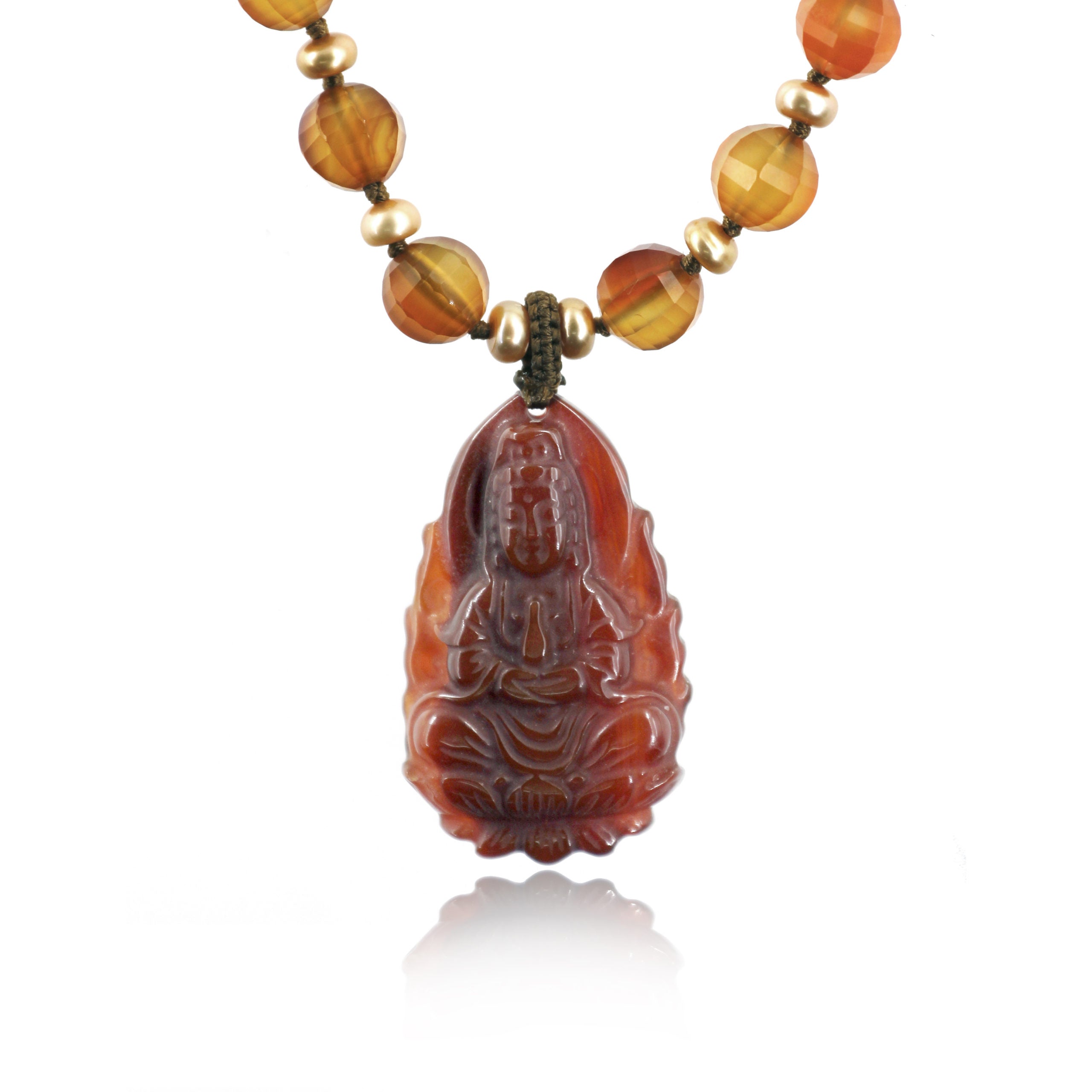 Carnelian Divine Feminine with carved Kwan Yin pendant on white background