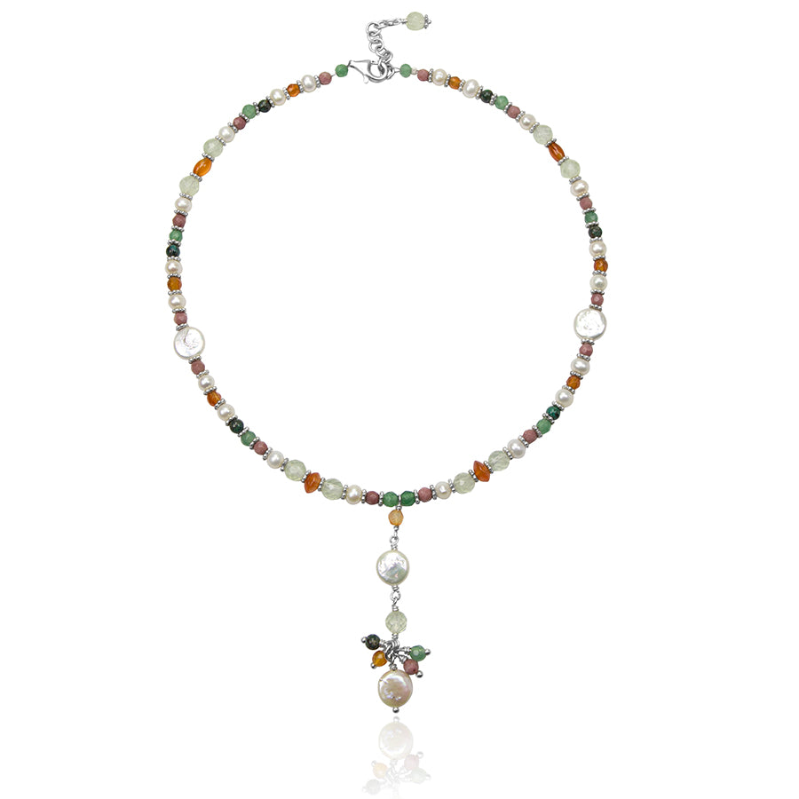 short silver necklace with 4 mm Aventurine, Rhodonite, Chrysocolla, 6 mm Prehnite, with Carnelian, Pearls, Silver beads pendant, with Silver chain 925 extension on white background