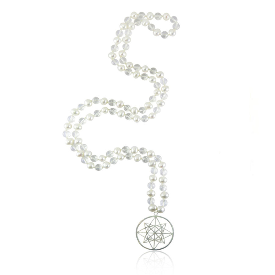 crystal clear and pearls beads with Star Tetrahedron merkaba pendant Mala Necklace on white background