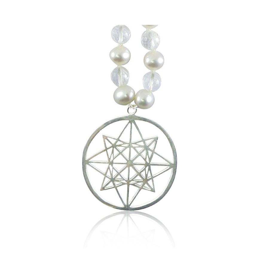 Star Tetrahedron merkaba silver pendant on white background