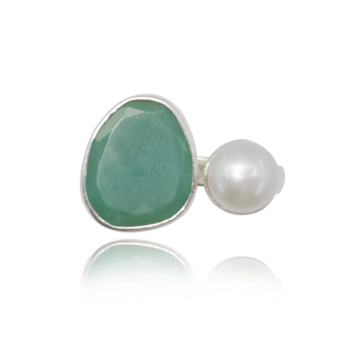 silver ring with Chrysoprase and pearl up front on white background