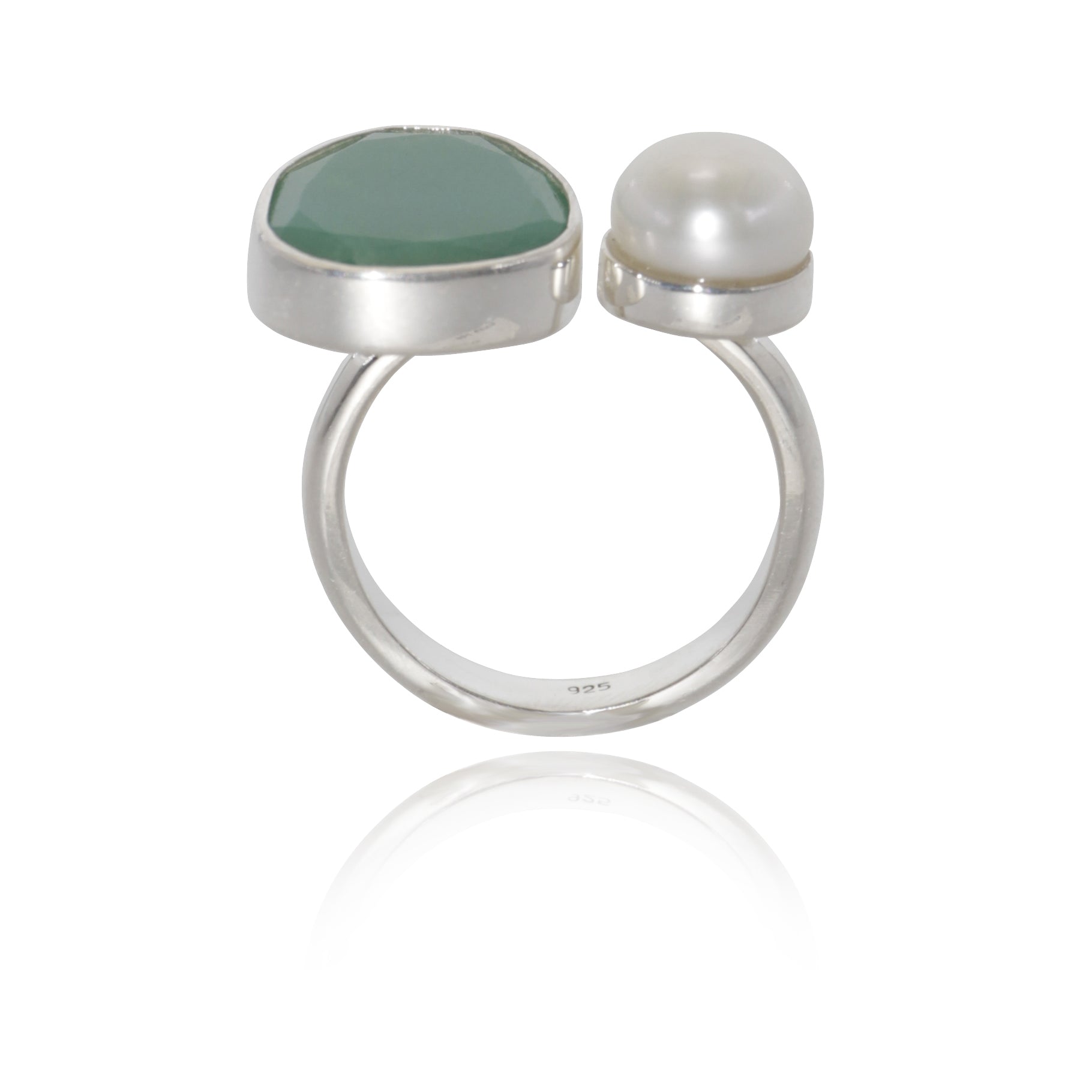 silver ring with Chrysoprase and pearl front view on white background