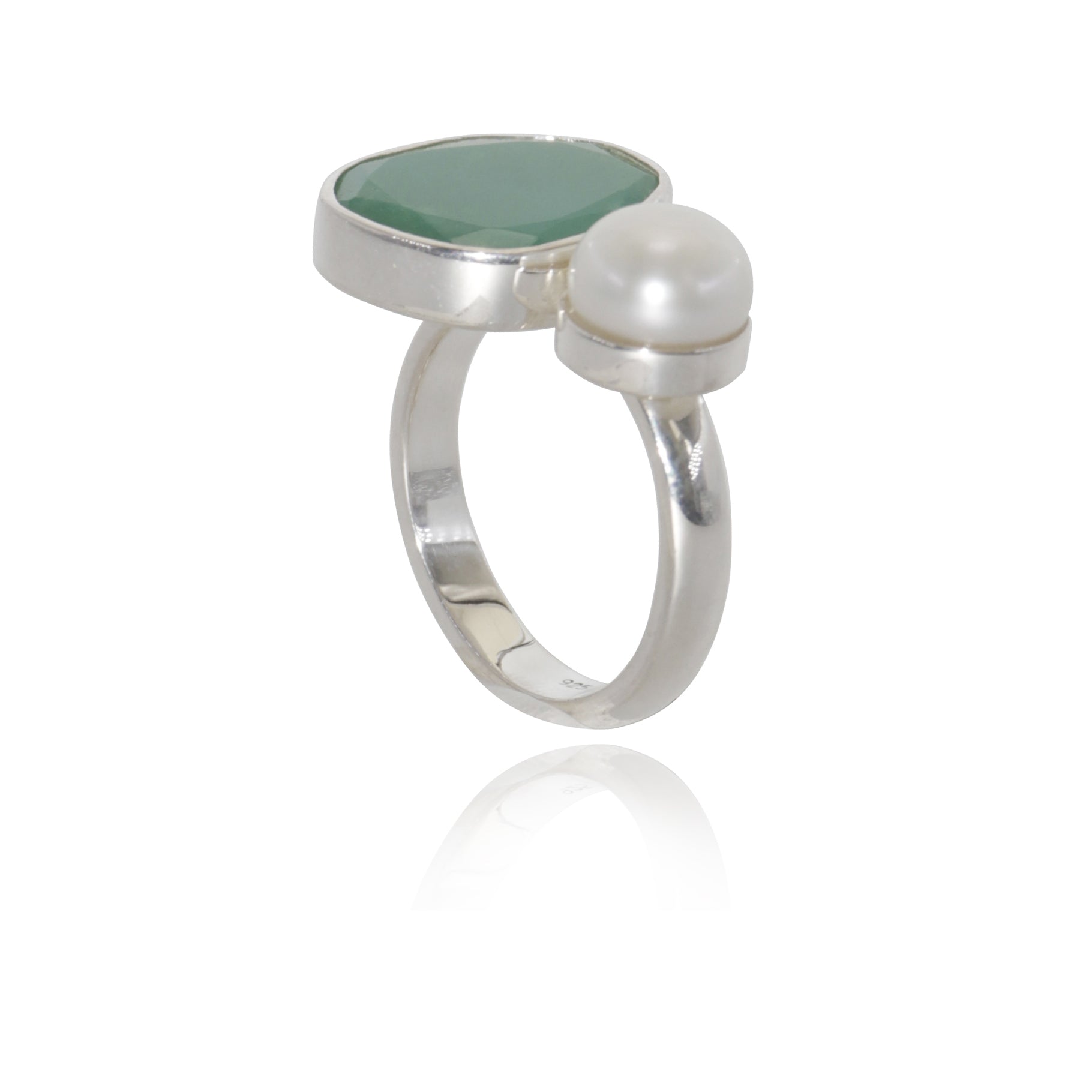 silver ring with Chrysoprase and pearl side view on white background