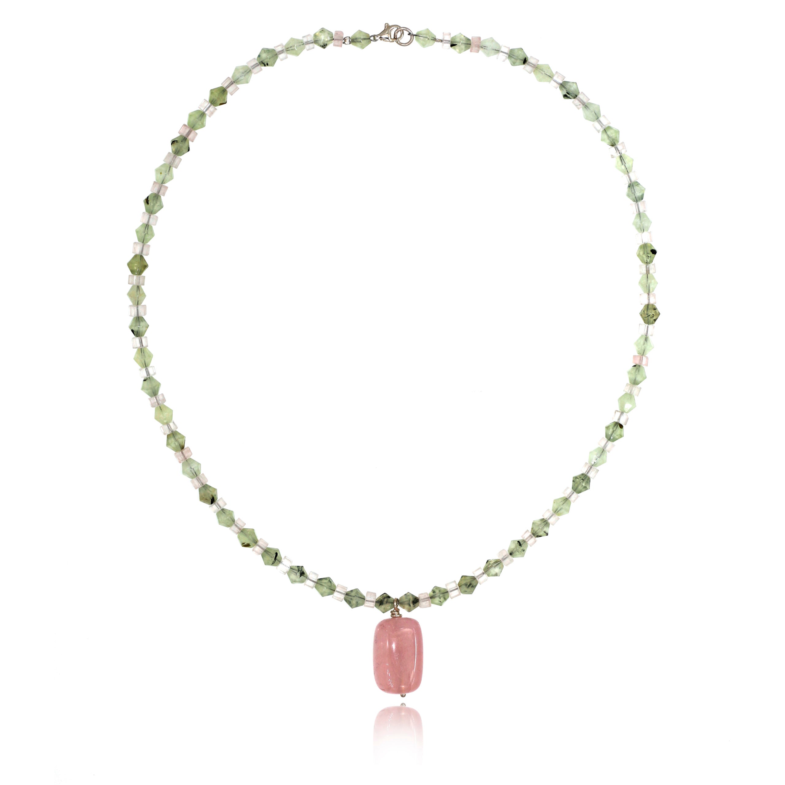 rose quartz and green tourmalinated quartz short necklace wirh rose quartz pendant on white background