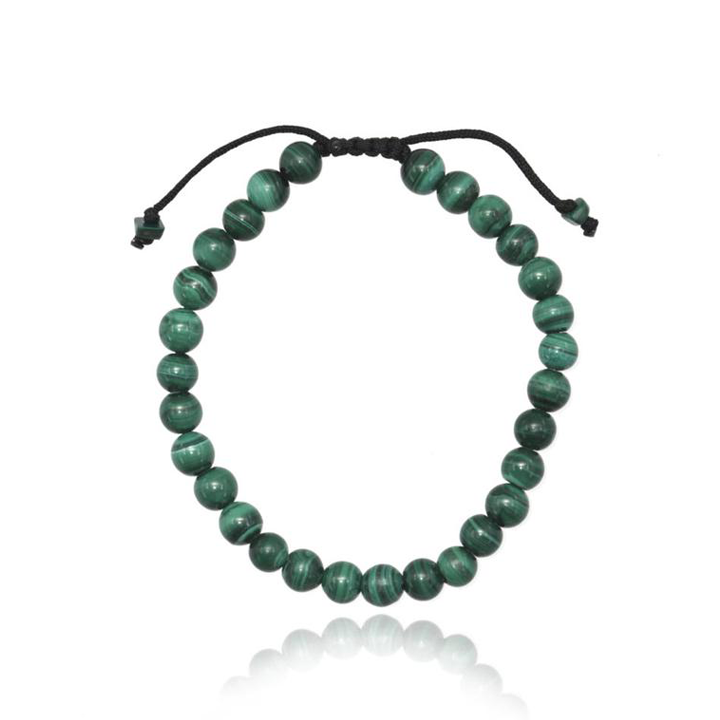 Adjustable artificial string bracelet of Malachite on white background