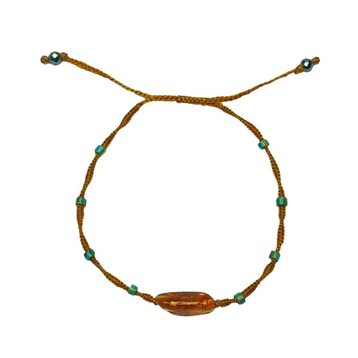 adjustable artificial string bracelet with Turquoise and Hematite and Amber on white background