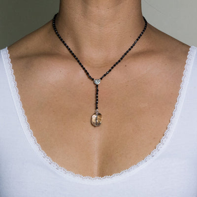 mm Black Spinel and Hematite beads with Tourmalinated Quartz pendant and OM carved silver 925 short necklace with silver 925 extender chain on model