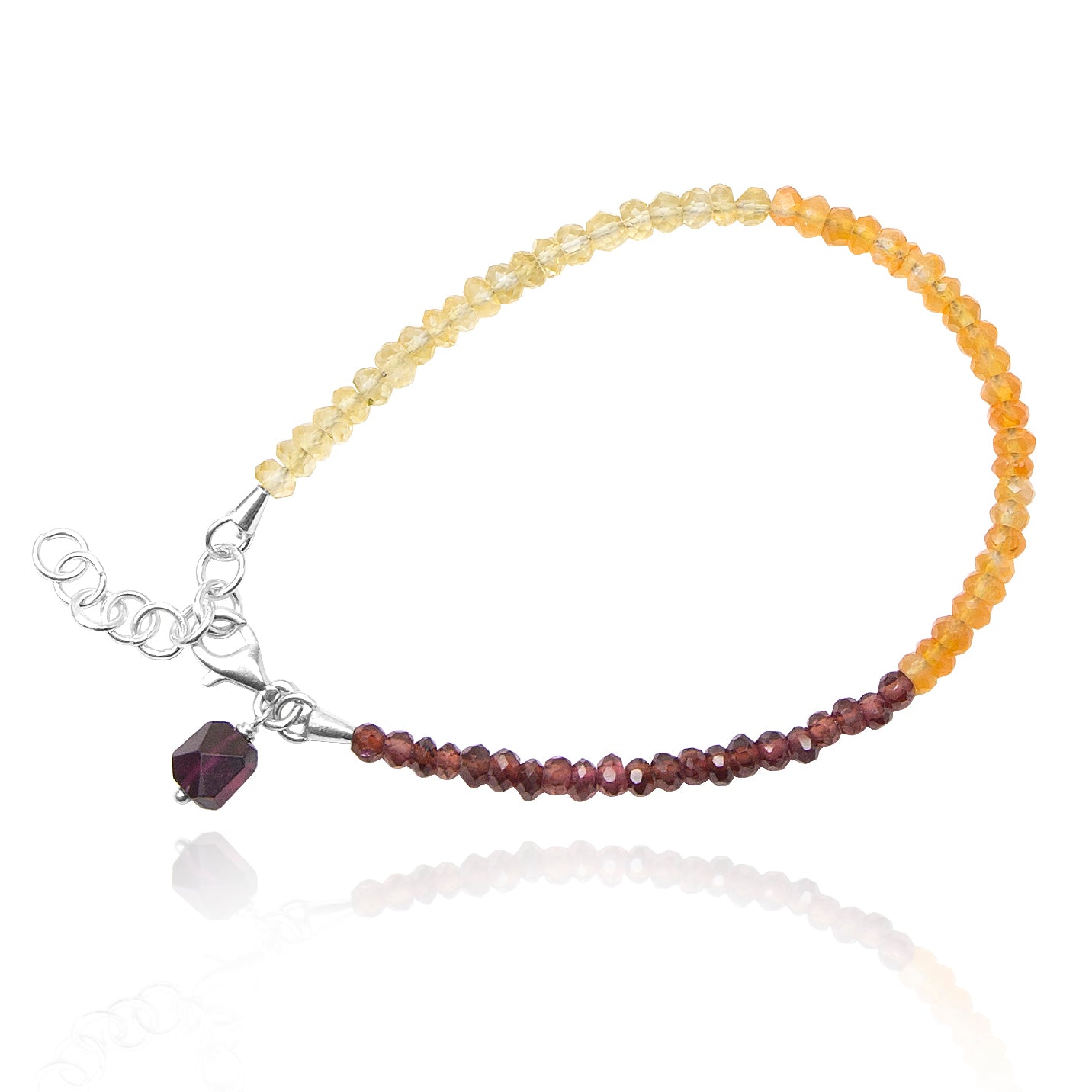 silver bracelet with citrine carnelian garnet with silver extender and garnet charm on white background