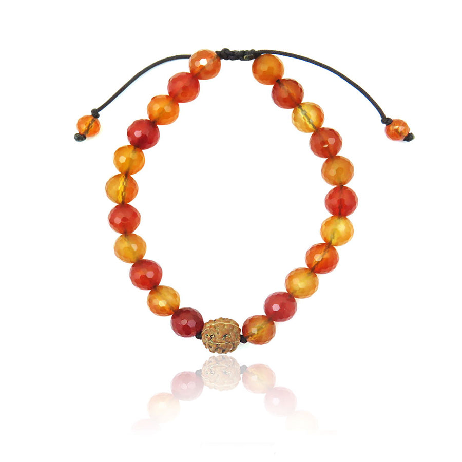 8 mm carnelian beads string bracelet with a rudraksha centerpiece on white background