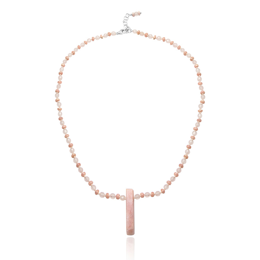 short necklace with pink opal and rhodocrosite beads and pink opal pendant with silver 925 chain extender on white background