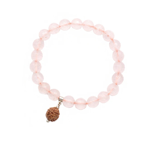 Rose Quartz on Elastic Heart Bracelet with Rudraksha seed on white background