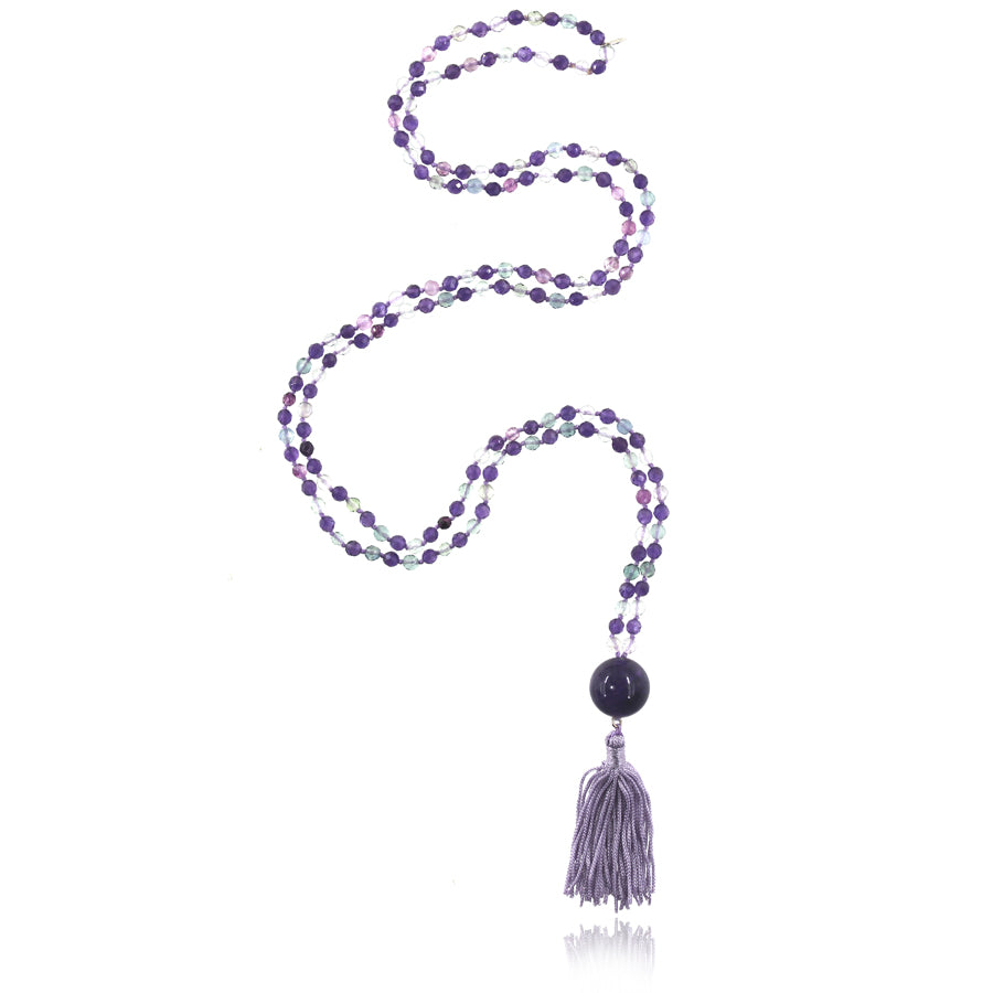 amethyst fluorite beads necklace with fluorite pendant and light purple tassel pendant on white background