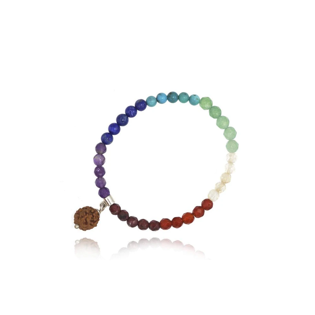 Seven Chakra Elastic Baby Bracelet with rudraksha seed on white background