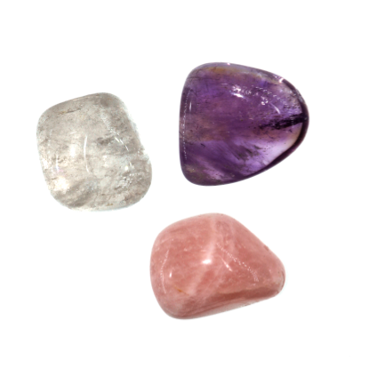 Crystal Set of 3 amethyst and rose quartz and crystal clear quartz on white background