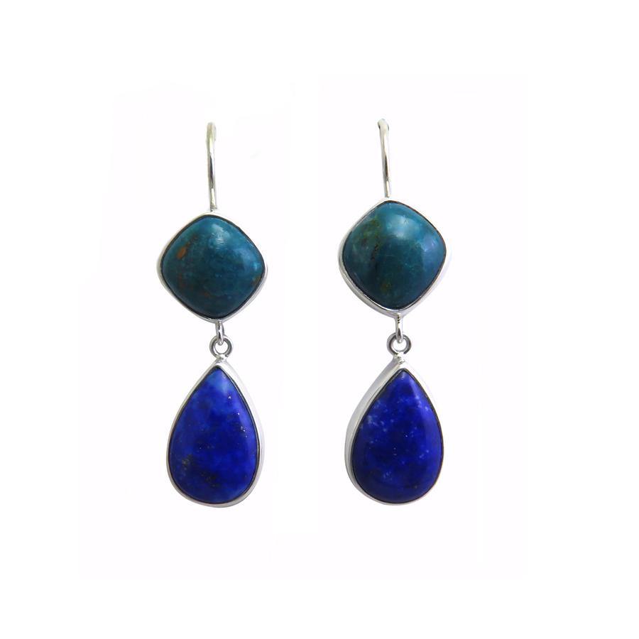 a pair of silver earrings with lapis lazuli and chrysocolla stone set in silver 925 on white background