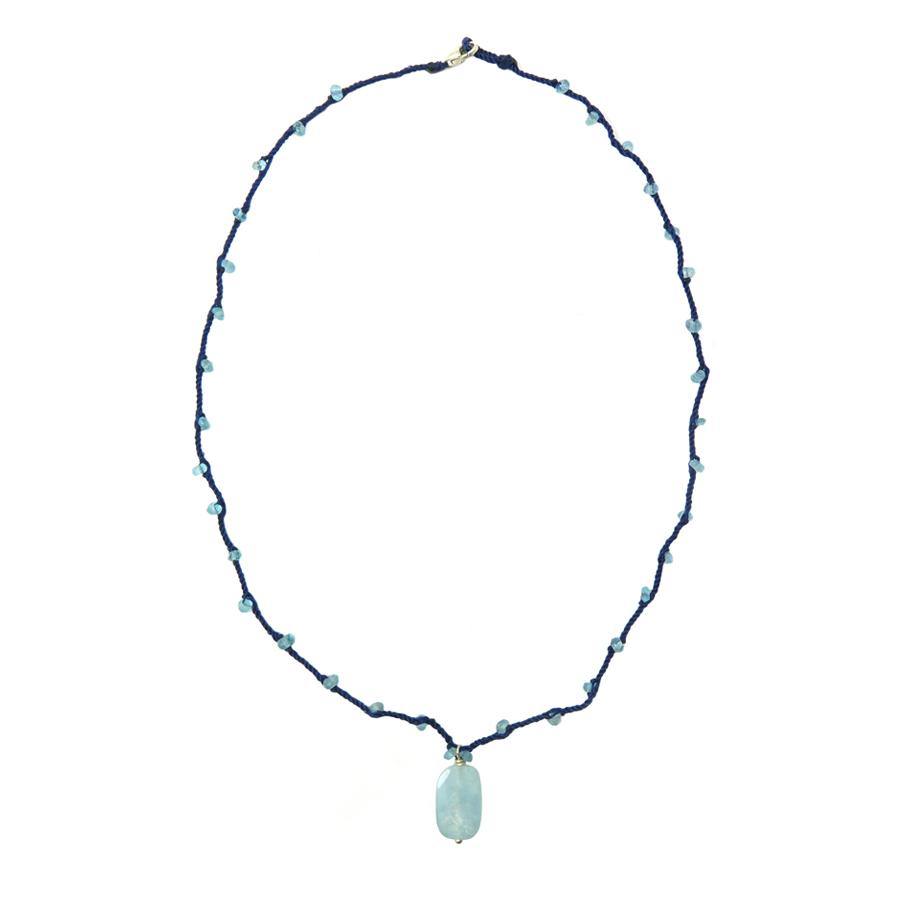 calming the mind short necklace small blue apatite beads connected with artificial string with aquamarine pendant on white background