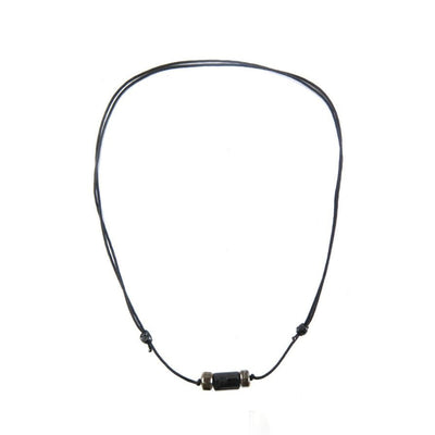 raw black tourmaline and bronzite beads on adjustable black artificial string short ncklace on white background