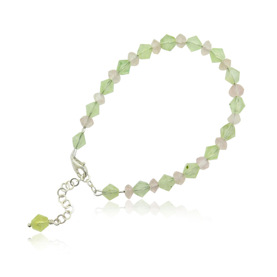 silver bracelet with rose quartz and green tourmalinated stones and silver 925 chain extender on white background