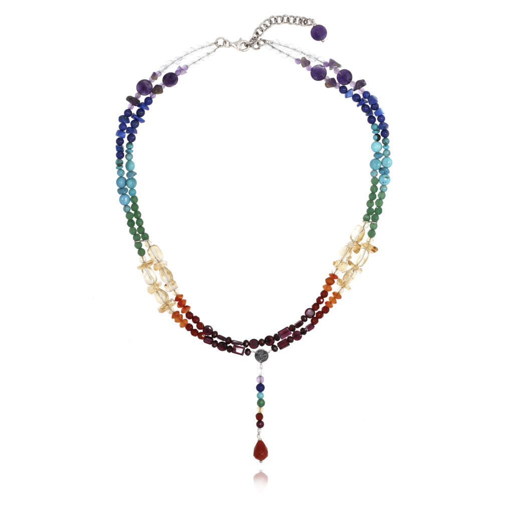 Seven Chakra Double String Short Necklace with nine multicolored stones pendant on white background