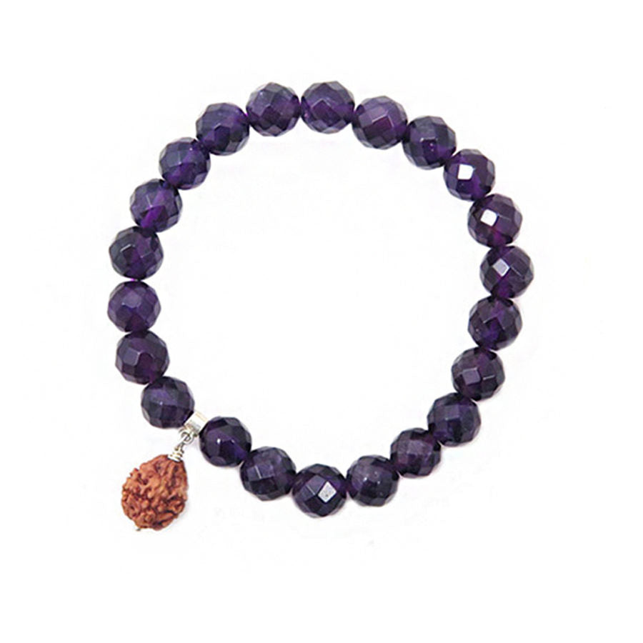 Elastic bracelet with 8mm faceted Amethyst Beads with Rudraksha bead centerpiece on white background